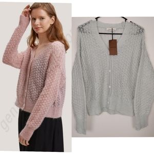 NWT Gentle Herd Knitted V-Neck Mohair Cardigan in Gray